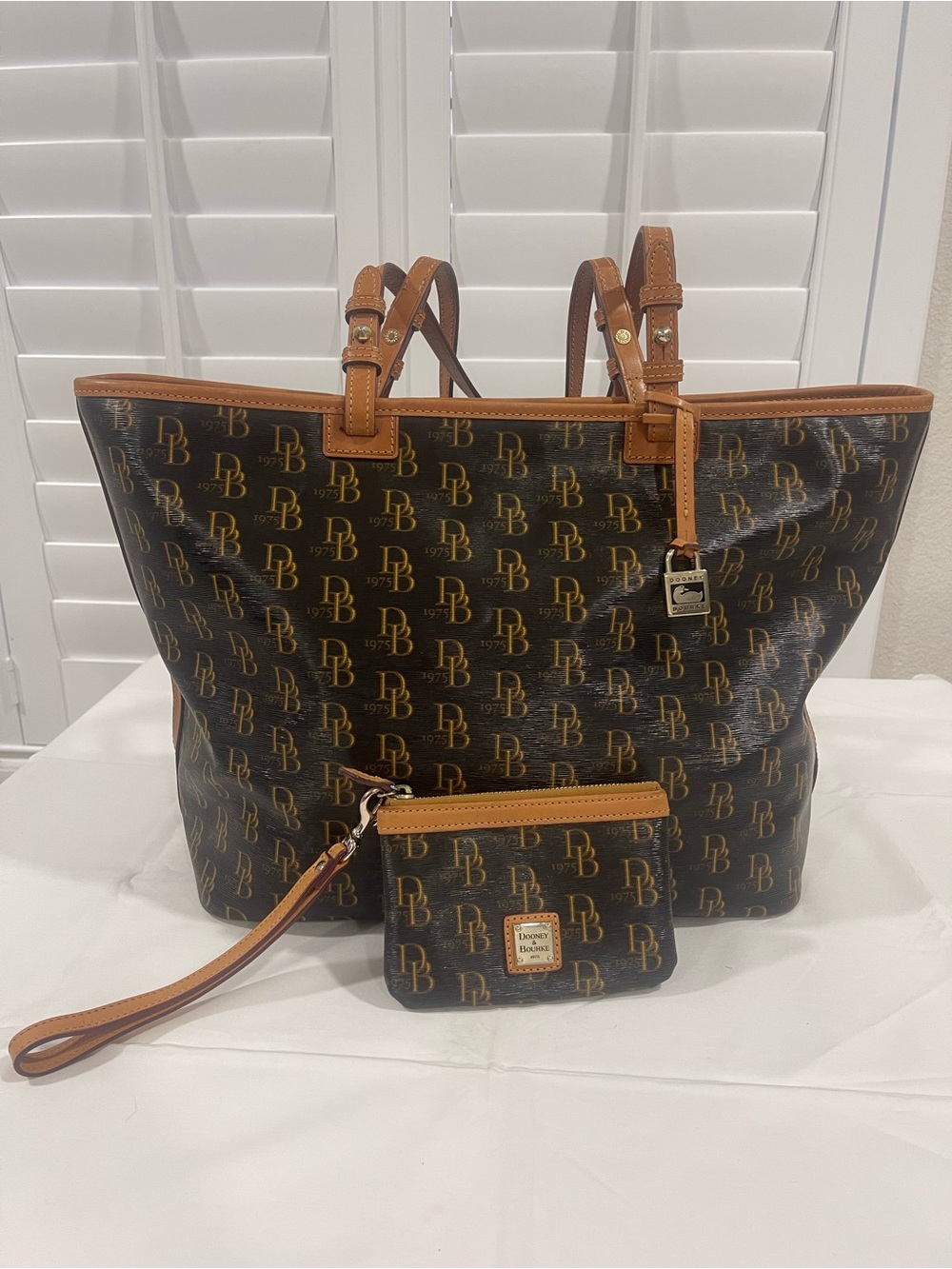 Dooney & Bourke Brown and Tan Logo Tote with Matching Wristlet